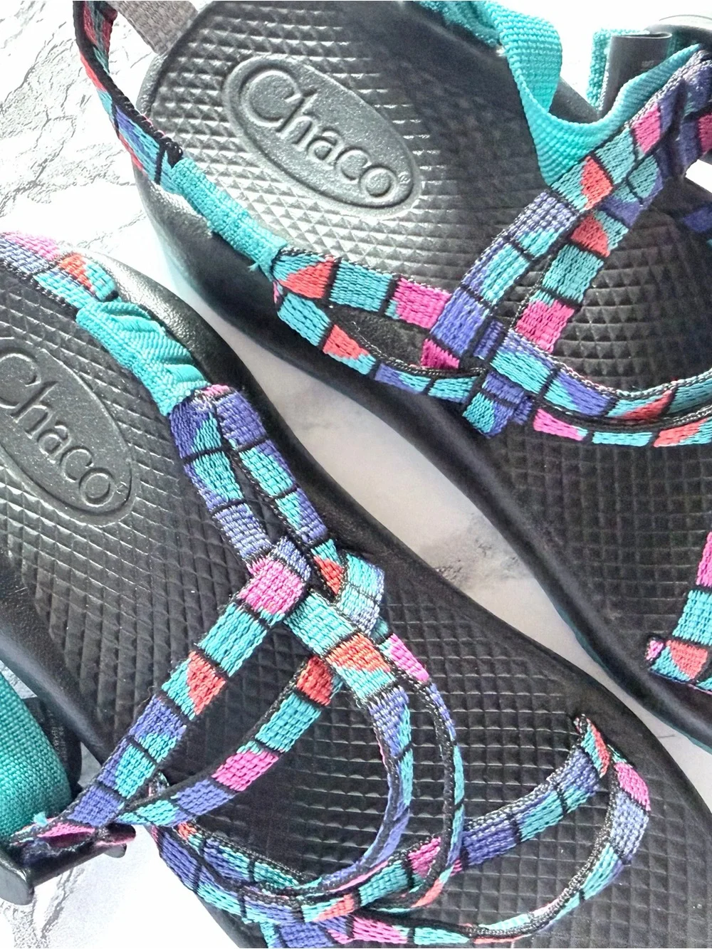 Chaco Kids Multicolor Patterned Webbing Teal Strap Sandals